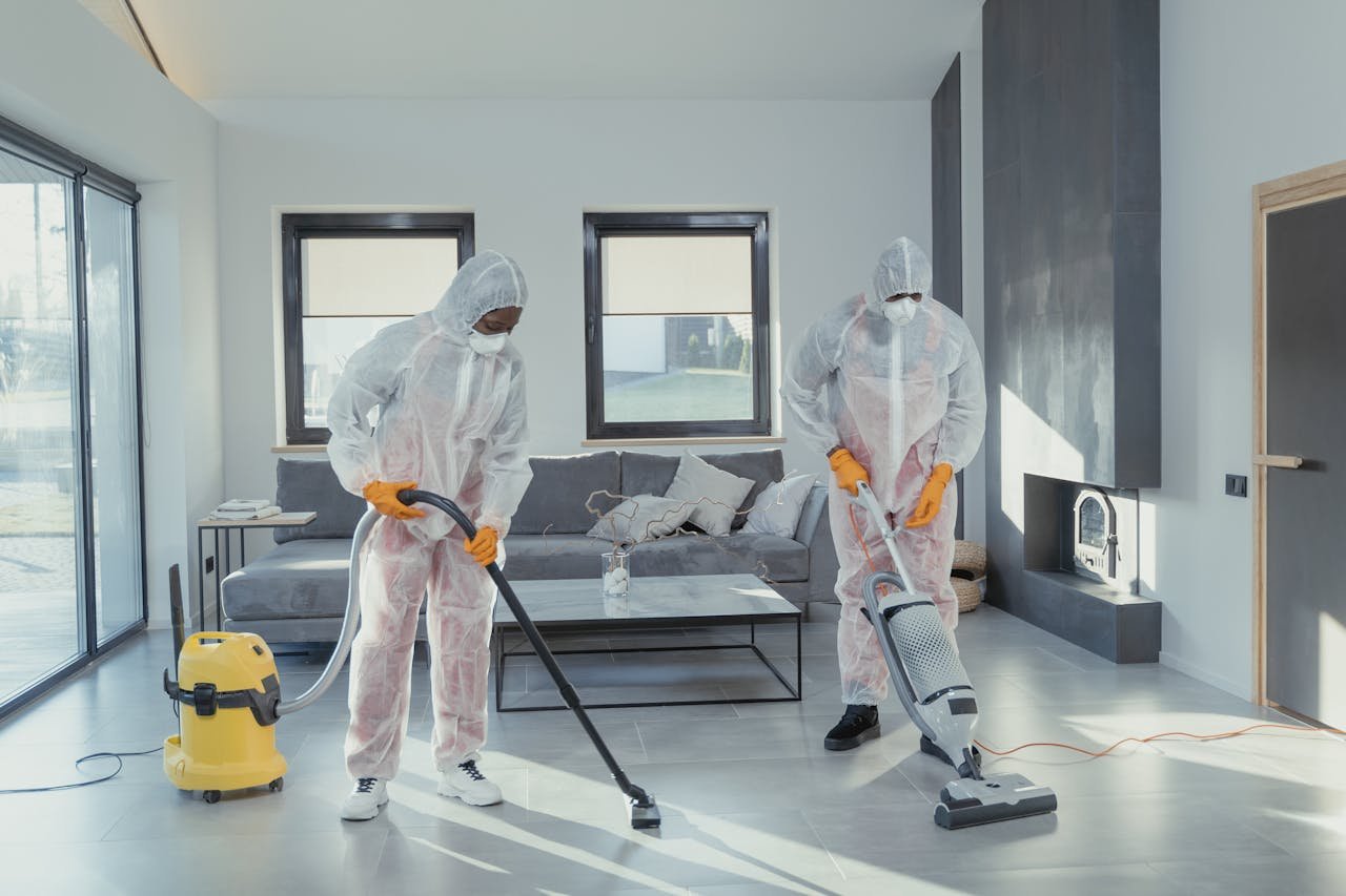 about-bg Two workers in protective gear vacuum and disinfect a modern living room.